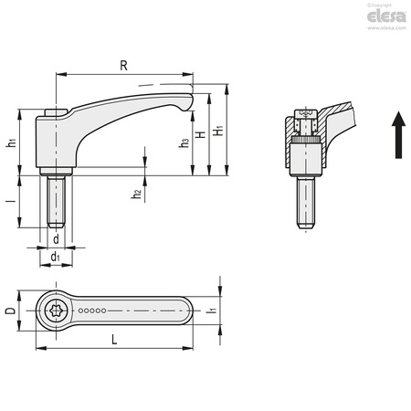 Elesa Stainless steel clamping element, threaded screw, ERM.63 SST-p-M6x32-C8 ERM-SST-p